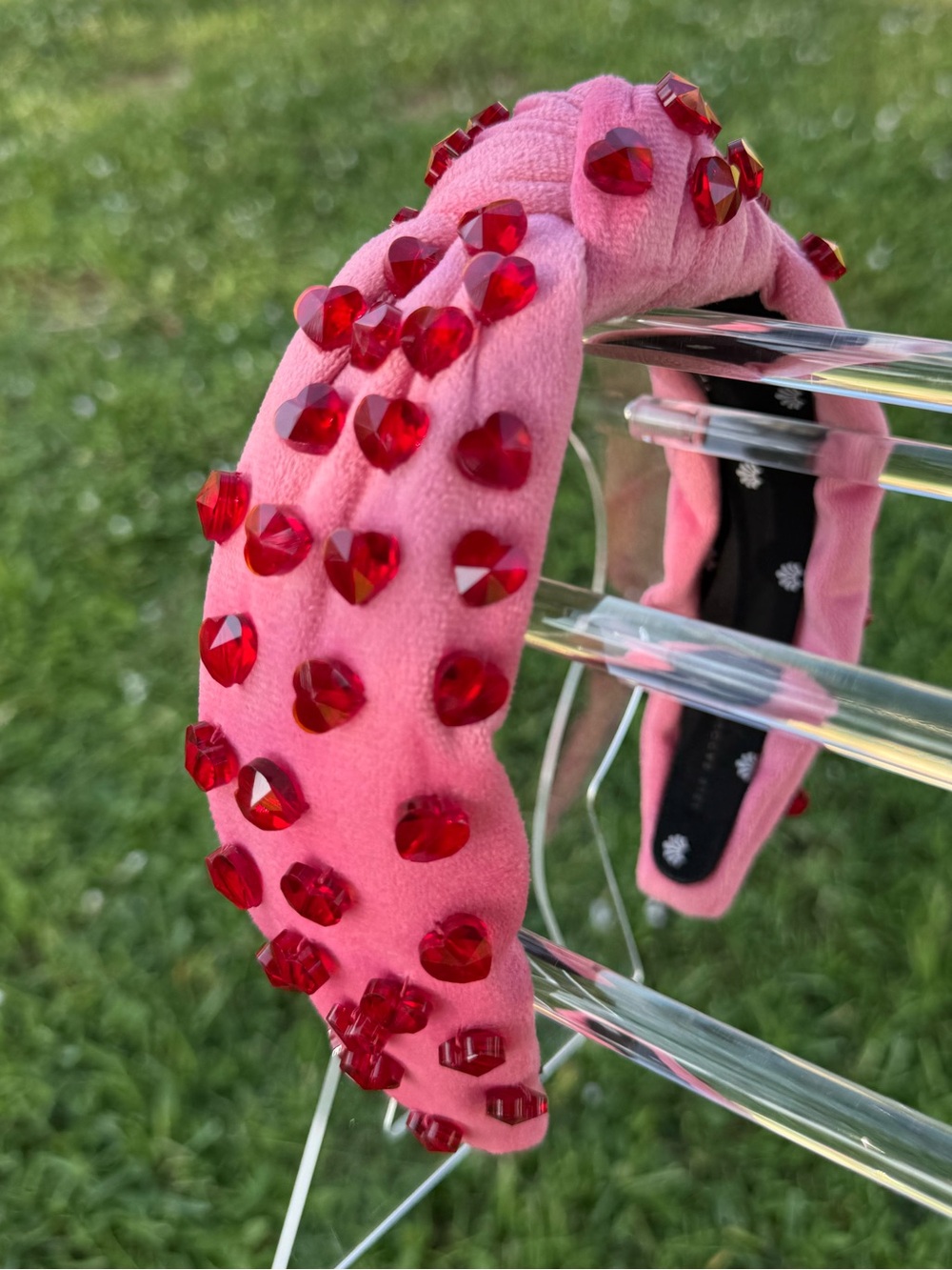 Lele Sadoughi Pink Velour Red Heart Jeweled Crystal Knotted Headband Valentines